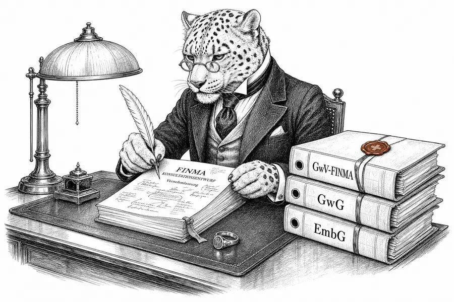 Caricature of a snow-leopard lawyer marking up the AMLO-FINMA revision draft at his desk