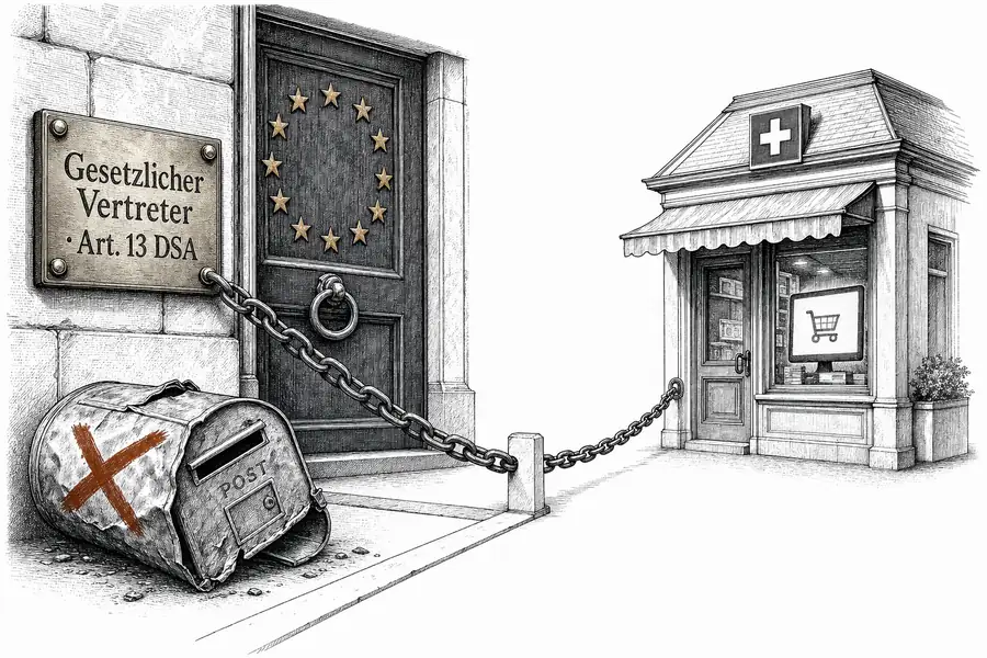Ein schweres Messingschild «Gesetzlicher Vertreter · Art. 13 DSA» an einer von EU-Sternen umrahmten Tür, darunter ein durchgestrichener Blechbriefkasten, von dem eine gespannte Kette über eine Grenzlinie zu einem Schweizer Plattform-Schaufenster führt.