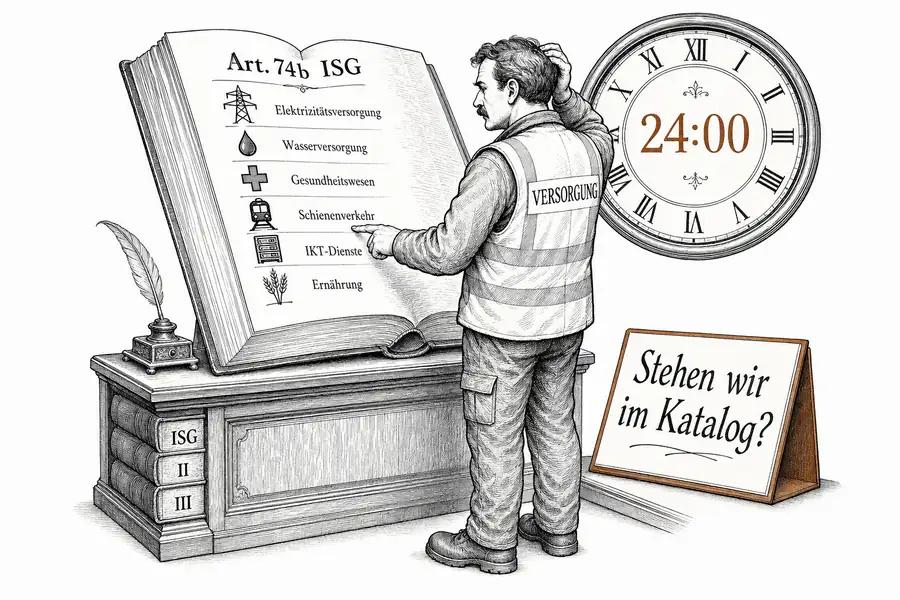 Ein Betreiber in Warnweste sucht seine Branche im Sektorenkatalog von Art. 74b ISG, dahinter eine Uhr auf 24 Stunden.
