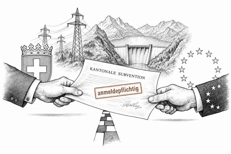 Illustration: Eine gestempelte kantonale Subventionsurkunde wird über eine Schweiz-EU-Grenzlinie zurückgezogen, im Hintergrund Strommasten und ein Stausee.