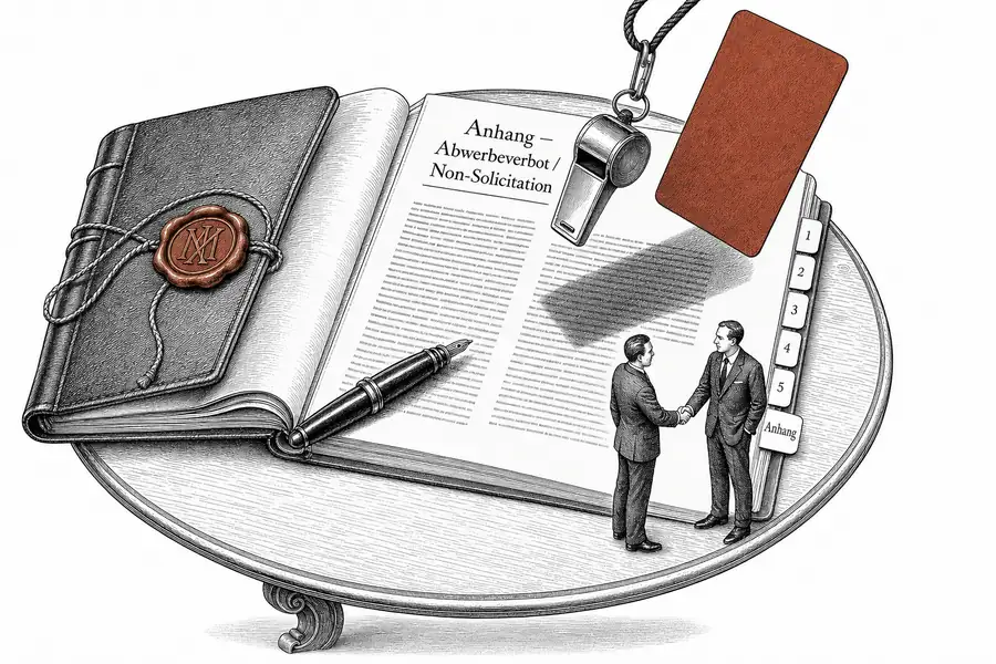 Aufgeschlagener M&A-Vertrag auf einem Verhandlungstisch, die Anhangseite ‹Abwerbeverbot› hervorgehoben, darüber schweben eine Schiedsrichter-Trillerpfeife und eine rote Karte.