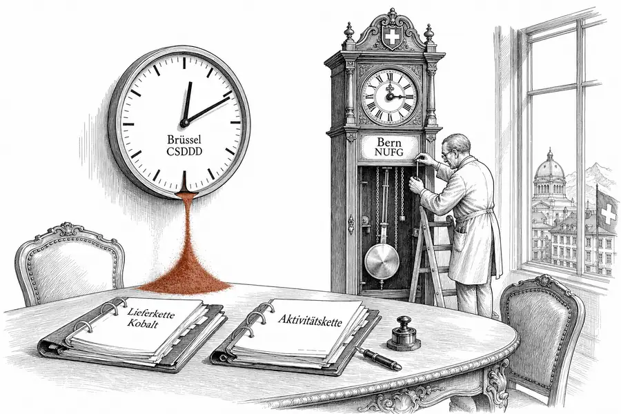 Zwei Uhren auf einem Sitzungstisch: eine sandgefüllte Brüsseler Sanduhr neben einer noch unmontierten Schweizer Standuhr, daneben Akten mit den Aufschriften CSDDD und NUFG.