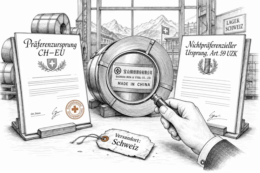 Zwei Ursprungsnachweise nebeneinander: links das vertraute Präferenzzeugnis Schweiz–EU, rechts der nichtpräferenzielle Ursprung nach Art. 59 UZK, dazwischen eine Lupe über einer Stahlcoil mit chinesischem Etikett in einem Schweizer Lager.