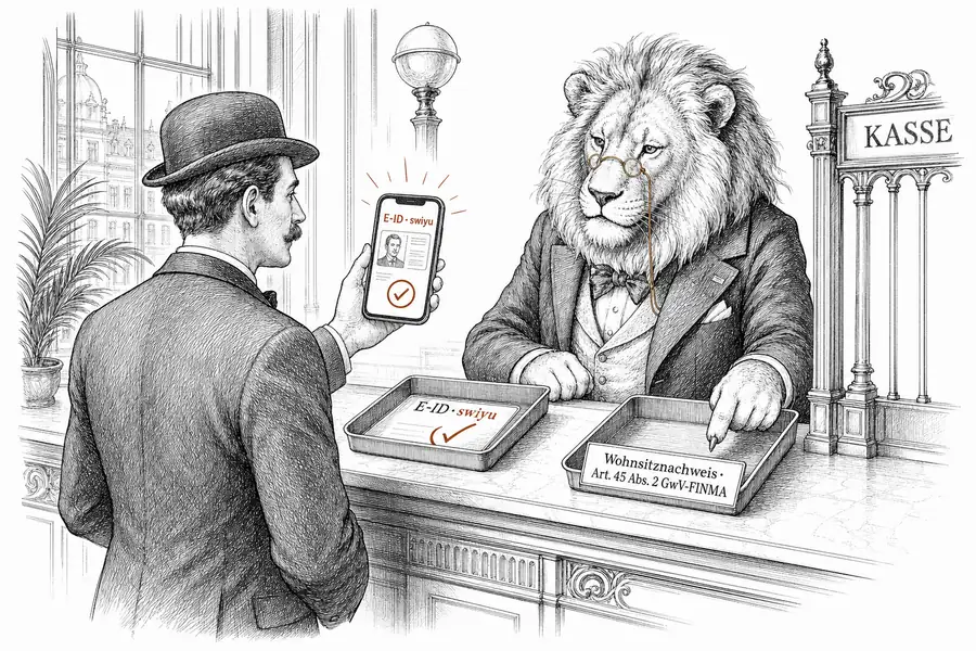 Kunde hält am Bankschalter ein Smartphone mit der digitalen E-ID hoch; der Sachbearbeiter nickt zur Identität, zeigt aber auf ein leeres Fach mit dem Stempel «Wohnsitznachweis · Art. 45 Abs. 2 GwV-FINMA».