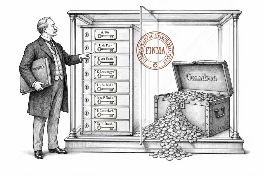 Zweigeteilter Banktresor: links beschriftete Schliessfächer mit Kundennamen und Schlüsseln, rechts eine ungeordnete Münzhalde aus einer 'Omnibus'-Truhe; ein FINMA-Siegel auf der Trennscheibe.