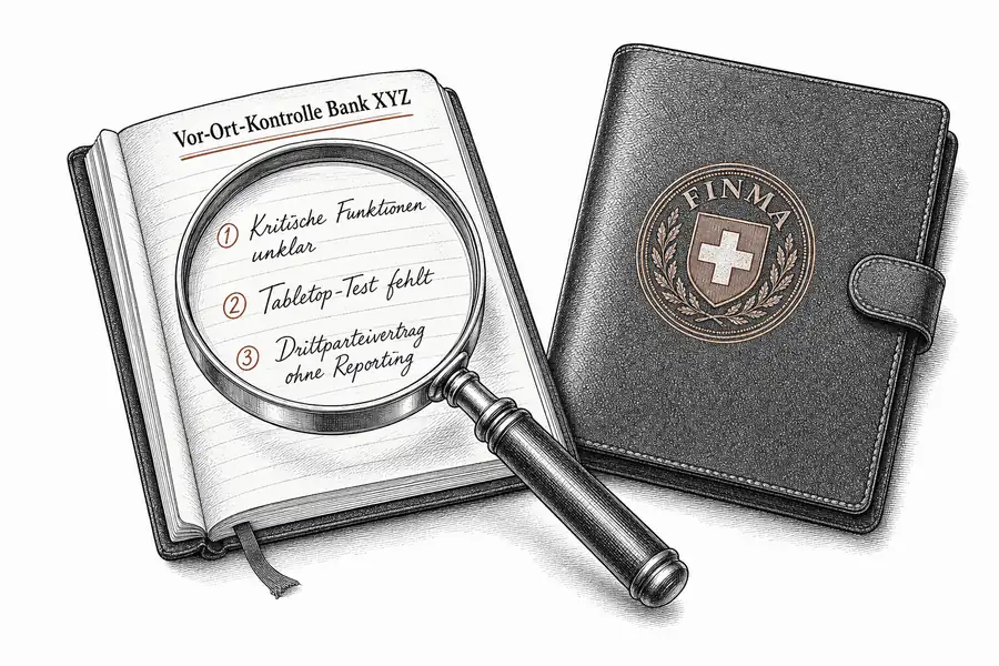 Eine Lupe schwebt über dem aufgeschlagenen Notizbuch eines FINMA-Inspektors mit drei handschriftlichen Befunden — kritische Funktionen unklar, Tabletop-Test fehlt, Drittparteivertrag ohne Reporting — daneben ein Laptop mit FINMA-Siegel
