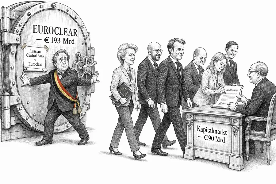 Karikatur eines EU-Gipfels: Links eine vereiste Tresortür «Euroclear — 193 Mrd €» mit angeklebter Klageschrift «Russische Zentralbank gegen Euroclear», davor eine Person mit belgischer Schärpe; rechts gehen die Staatschefs weg und unterschreiben am Pult «Kapitalmarkt — 90 Mrd €».
