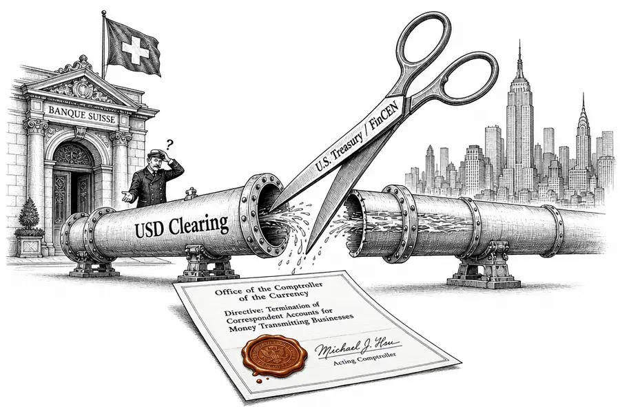 A horizontal pipeline labelled USD Clearing being severed by oversized editorial scissors marked U.S. Treasury / FinCEN, with a small Swiss bank facade and fluttering Swiss flag on the cut-off side and the New York skyline on the connected side.