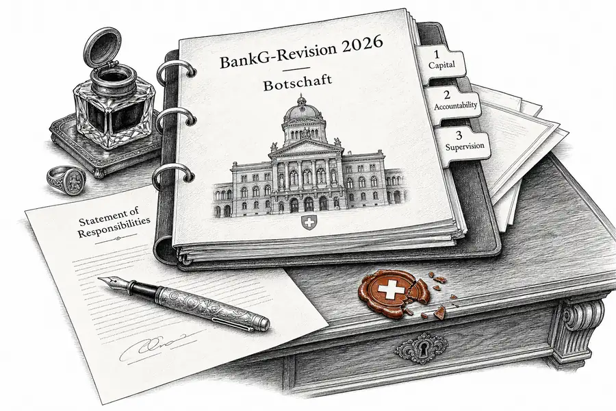 A loose-leaf binder titled BankG-Revision 2026 Botschaft on a transaction-closing table, three numbered schedule tabs visible, a half-cracked red wax seal beside it