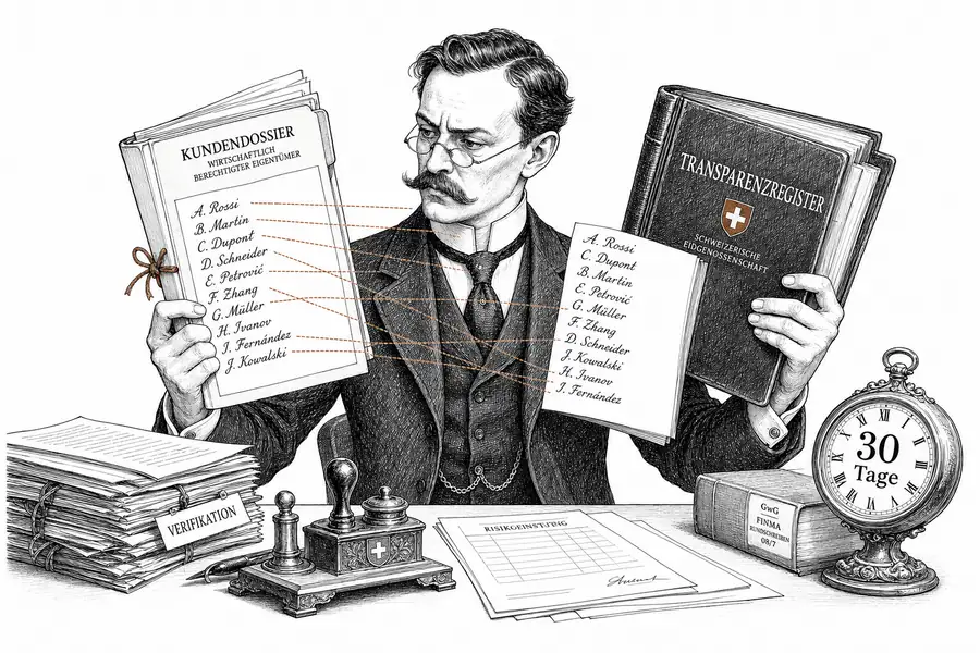 Ein Compliance-Mitarbeiter hält eine Kundenakte gegen das eidgenössische Transparenzregister; die Einträge zur wirtschaftlichen Berechtigung stimmen nicht überein.